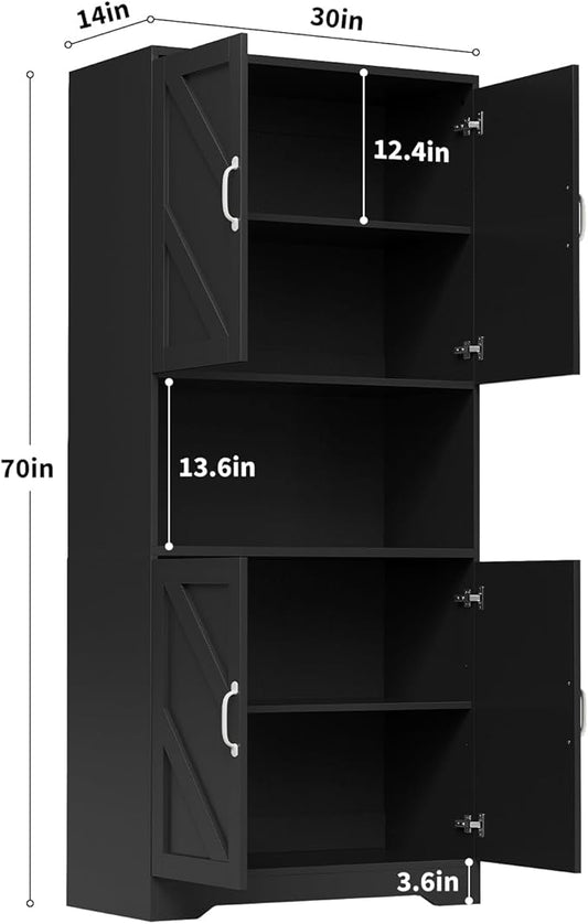 IDEALHOUSE 70" Kitchen Pantry Storage Cabinet, Farmhouse Kitchen Hutch Cabinet with 4 Doors & 2 Adjustable Shelves, Freestanding Cupboard with Microwave Stand for Dining Room,Living Room,Black