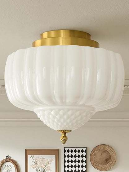 14 inch Vintage Semi Flush Mount Ceiling Light Gold Schoolhouse Ceiling Light Fixture Mid Century Milk Glass Ceiling Lamp for Kitchen Restaurant Bedroom and Hallway(White)