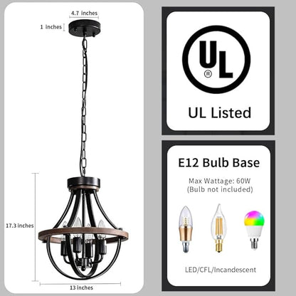 Farmhouse Chandelier, Modern Hanging Pendant Lighting, 4-Light Rustic Ceiling Light Fixture, Vintage Chandelier for Hallway Foyer Dining Room Entryway Kitchen Island Bedroom