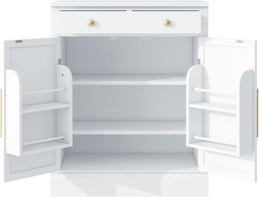Modern Freestanding Kitchen Pantry Buffet Food Storage and Coffee Station Cabinet with Drawer 2 Adjustable Shelves and 2 Door Shelves Practical(White)