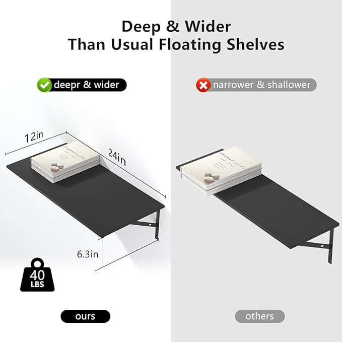 Deep Floating Shelves for Wall Set of 3, 24W x 12 Inch Deep Black Floating Shelves, Wide Floating Wall Mounted Shelves for Living Room, Kitchen, Office, Bedroom, Bathroom, Laundry Room