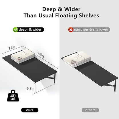 Deep Floating Shelves for Wall Set of 3, 24W x 12 Inch Deep Black Floating Shelves, Wide Floating Wall Mounted Shelves for Living Room, Kitchen, Office, Bedroom, Bathroom, Laundry Room