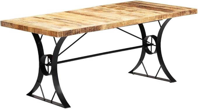 Solid Mango Wood Dining Table, Brown & Black Steel Legs, 70.9 x 35.4 inches, Rectangular Dinner Table for Kitchen & Dining Room, Modern Farmhouse Style