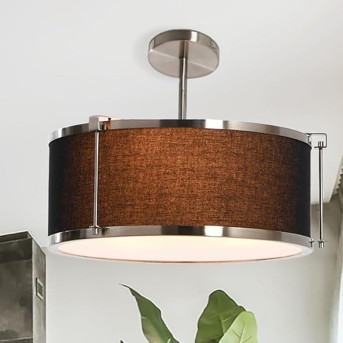 Harrison- Metal Semi-Flush Mount Ceiling Light with Captured Linen Shade, Black and Brushed Nickel
