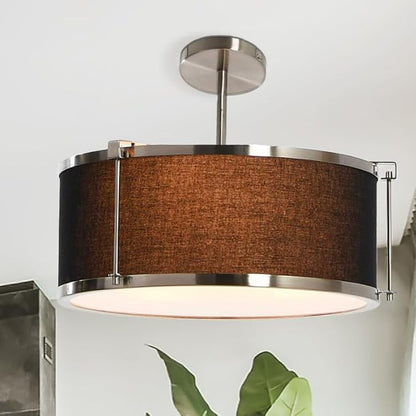 Harrison- Metal Semi-Flush Mount Ceiling Light with Captured Linen Shade, Black and Brushed Nickel
