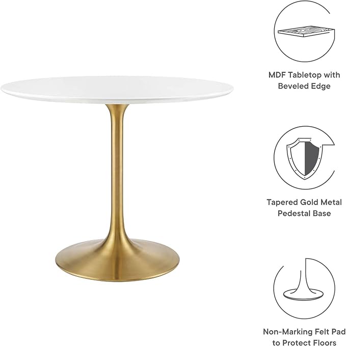 Modway Lippa 36" Mid-Century Modern Dining Table with Round Top in Gold White