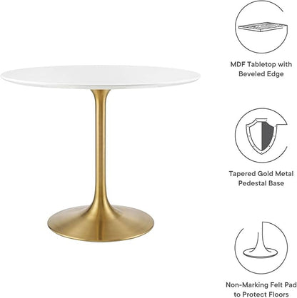 Modway Lippa 36" Mid-Century Modern Dining Table with Round Top in Gold White