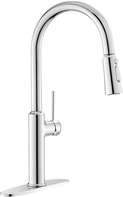 Polished Chrome Kitchen Faucets Solid Brass High Arc One-Handle Kitchen Faucet with Pull Down Sprayer,Kitchen Sink Faucets with Escutcheon