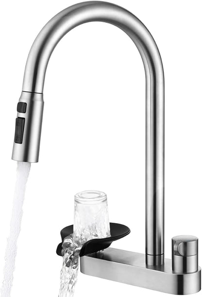 2-in-1 Kitchen Faucet with Pull Down Sprayer, 3 Spray Modes & Built-in Glass Rinser, Lead-Free Brass Single Handle, Brushed Nickel, Fits 1 or 3 Hole Sink, Suitable for Farmhouse Rv Bar