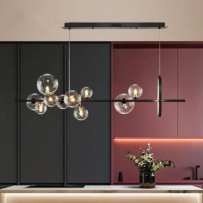 Linear Kitchen Island Lighting, Dining Room Light Fixture Over Table, Large Industrial Black Pendant Lights Ceiling Hanging for Kitchen Living Room (Black, 10-Light)