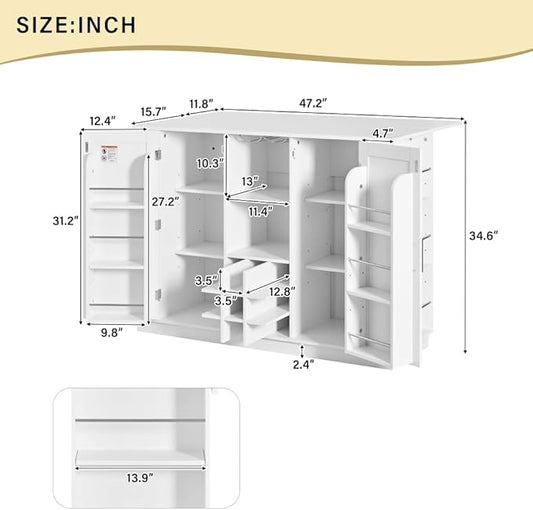 Virubi 47.2" Kitchen Island with Storage, Bottle Rack & Glass Holder, Wood Buffet Sideboard with Side Shelves, Drop Leaf & Power Outlet (White)