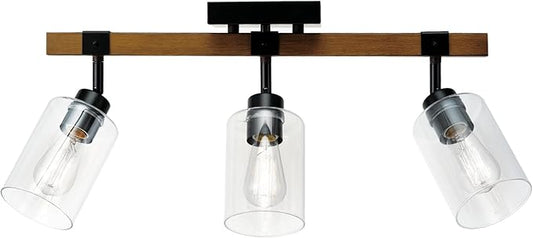 Globe Electric 57502 3-Light Track Lighting, Wood Toned, Matte Black Accents, Clear Glass Shades, Pivoting Heads, Modern Farmhouse, Ceiling Light for Kitchen Island and Dining Room Table
