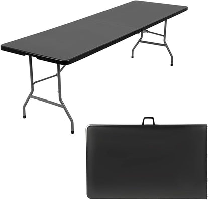 FDW 8 Foot Outdoor Dining Table, Foldable Portable Rectangular Plastic Folding Table with Built in Carrying Handle for Party and Wedding Use, Black