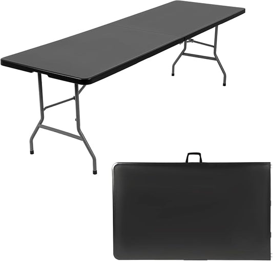 FDW 8 Foot Outdoor Dining Table, Foldable Portable Rectangular Plastic Folding Table with Built in Carrying Handle for Party and Wedding Use, Black