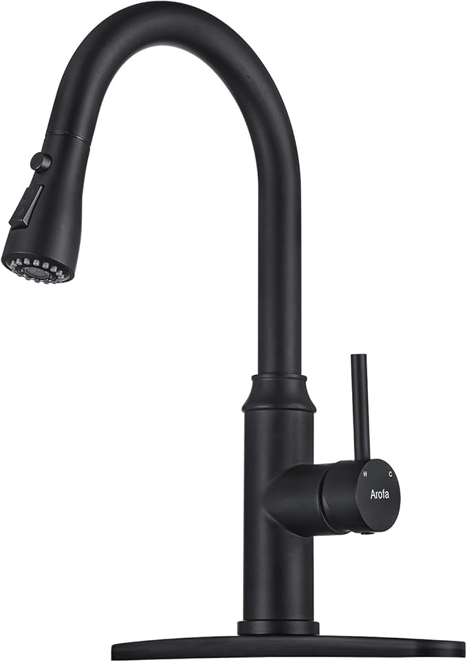 Matte Black Kitchen Faucet with Pull Down Spayer Arofa Single Handle Pull Out Kitchen Sink Faucet with Sprayer, Solid Brass Commercial Faucet for Kitchen Sink, RV, Outdoor, Laundry & Bathroom Sink