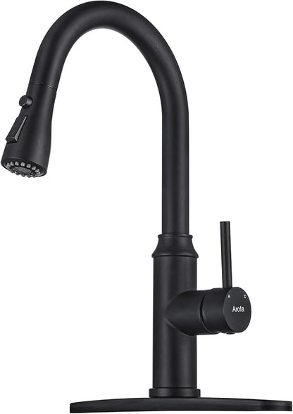 Matte Black Kitchen Faucet with Pull Down Spayer Arofa Single Handle Pull Out Kitchen Sink Faucet with Sprayer, Solid Brass Commercial Faucet for Kitchen Sink, RV, Outdoor, Laundry & Bathroom Sink