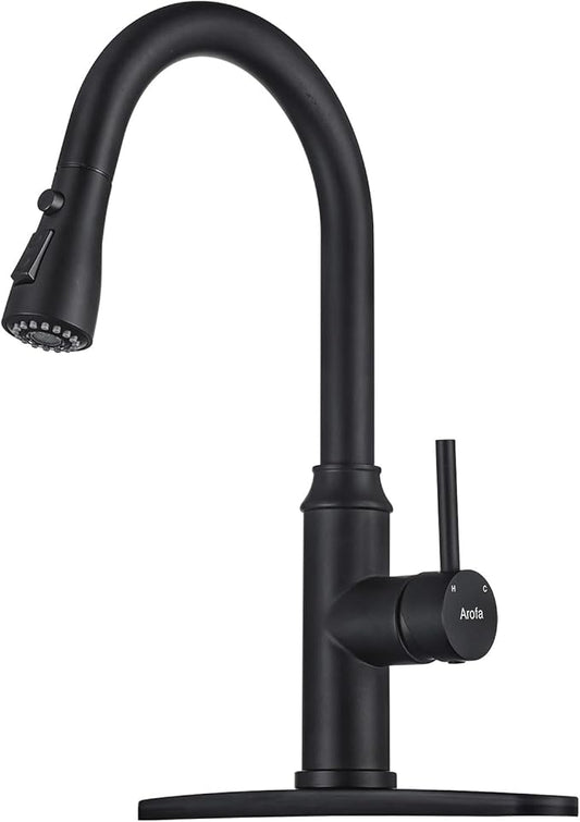 Matte Black Kitchen Faucet with Pull Down Spayer Arofa Single Handle Pull Out Kitchen Sink Faucet with Sprayer, Solid Brass Commercial Faucet for Kitchen Sink, RV, Outdoor, Laundry & Bathroom Sink