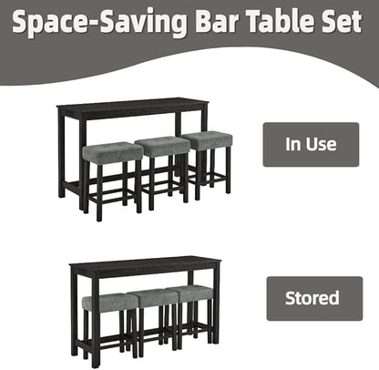 59 inch Bar Table and Chairs Set with with Power Outlet, Industrial Hight Counter Height Bar Table with 3 Upholstered Stools,4 Pieces Space-Save Breakfast Table Set for Kitchen Dining Room (Black)