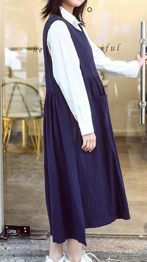 Women Plus Size Cotton Linen Vintage Pleated Split Apron Pinafore Dress with Two Pockets