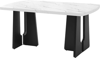 63" 350Lbs Capacity Faux Marble Island Table, Rustic Dining Table with Geometric Legs, Farmhouse Dining Table with Floor Pads for Gatherings, White+Black