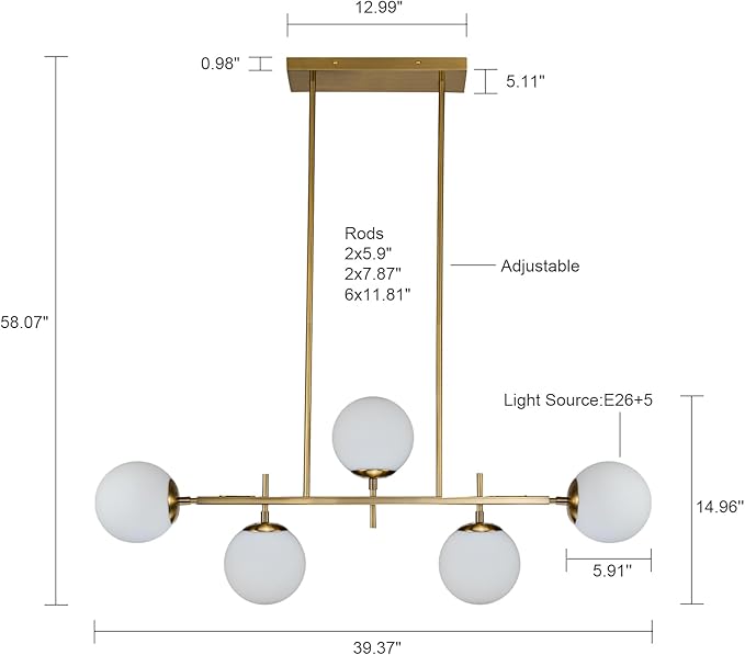 EDISLIVE Modern Milk Globe Chandelier 5-Light Glass Globe Pendant Light Fixture 39.4in E26 Linear Hanging Lighting for Kitchen Island Dinning Room Living Room Gold