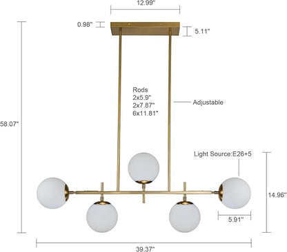 EDISLIVE Modern Milk Globe Chandelier 5-Light Glass Globe Pendant Light Fixture 39.4in E26 Linear Hanging Lighting for Kitchen Island Dinning Room Living Room Gold