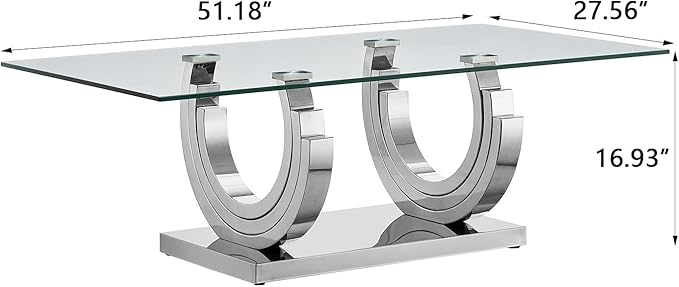Modern Glass Coffee Table, 51" Sofa Coffee Table with Silver Stainless Steel Frame and Clear Glass Top, Rectangular Cocktail Table Accent Centre Table for Living Room