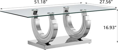 Modern Glass Coffee Table, 51" Sofa Coffee Table with Silver Stainless Steel Frame and Clear Glass Top, Rectangular Cocktail Table Accent Centre Table for Living Room