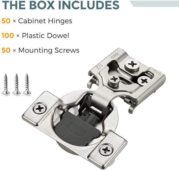 HOME EDIT 50 Pack 25 Pairs 1/2 inch Overlay Soft Close Cabinet Hinges for Kitchen, Stainless Steel Three-Way Adjustable, Concealed Self-Closing Door Hinges