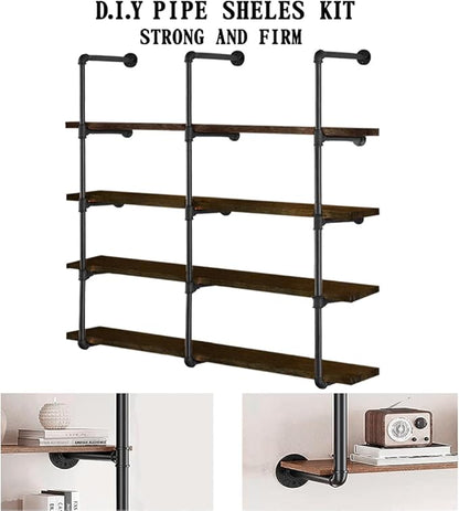 HITOMEN Industrial Iron Pipe Shelves, 3 Set 5-Tier, 55" Tall, 12" Depth, DIY Open Bookshelf Bookcase, Wall Mounted Vintage Retro Shelving, Rustic Farmhouse Pantry Kitchen Storage, Black Shelf Brackets