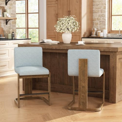 Counter Height Bar Stools Set of 2, 24” Light Grey Linen, Rubberwood Legs, for Kitchen Island Bar Café