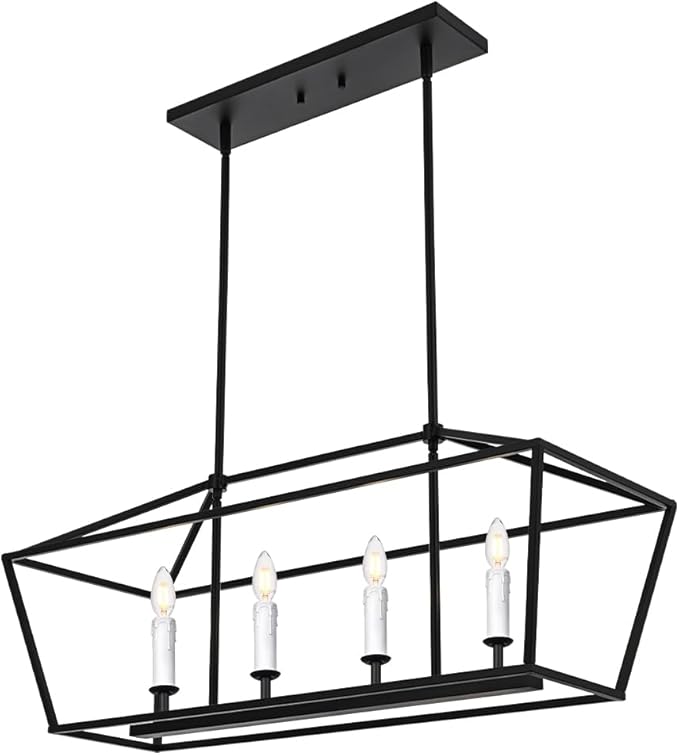BONLICHT Modern Linear Chandelier Black 4 Light Industrial Kitchen Island Pendant Light Fixtures Ceiling Hanging with Metal Cage Shade, White Farmhouse Chandelier Dining Room Lighting Over Table