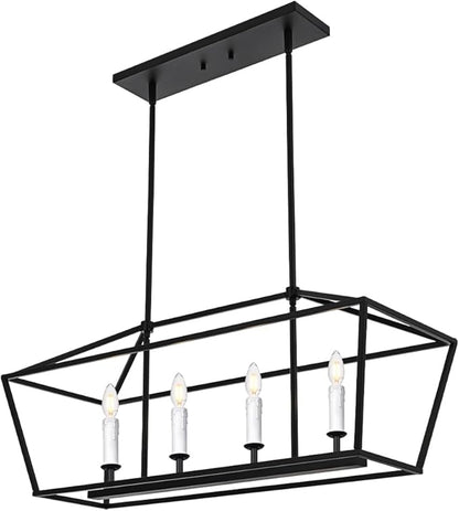 BONLICHT Modern Linear Chandelier Black 4 Light Industrial Kitchen Island Pendant Light Fixtures Ceiling Hanging with Metal Cage Shade, White Farmhouse Chandelier Dining Room Lighting Over Table