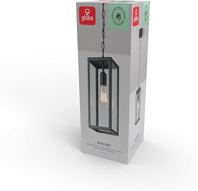 Globe Electric 44773 1-Light Outdoor Pendant, Matte Black, Clear Glass Shade, E26 Base Socket, Kitchen Island, Café, Ceiling Hanging Light Fixture, Modern, Vintage, Porch Light, Bulb Not Included