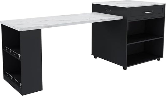 Modern Dining Table Expandable 80-inch Kitchen Island with Solid Wood Grain Countertop Power Outlet Mobile Cart Cabinet 2 Drawers Prep Table Luxury,Black-MDF