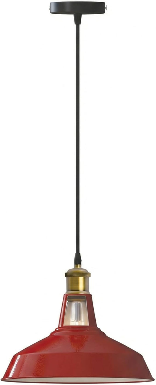 Red Industrial Farmhouse Pendant Light 1m Adjustable Cord, Vintage Barn Metal Hanging Lamp Fixture, Rustic Retro Ceiling Lighting for Kitchen Island Dining Bedroom Living Room (Red)