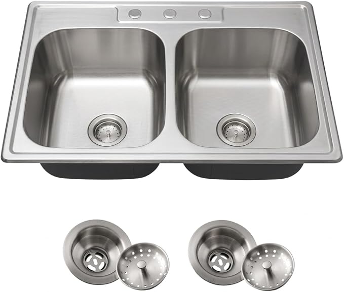 Kitsitchen 33x22-Inch Drop-in Stainless Steel 50/50 Double Bowl Kitchen Sink with Strainer, Top Mount Double Bowl Kitchen Sinks with 3 holes (33" X 22"X 9")