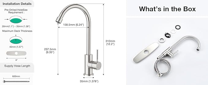 CREA Brushed Faucet for Kitchen Bar Outdoor Sink 1 Hole 3Holes(with Deck Plate)，High Arc 360°Swivle Single Handle Tap Brushed 304 Stainless Steel
