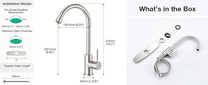 CREA Brushed Faucet for Kitchen Bar Outdoor Sink 1 Hole 3Holes(with Deck Plate)，High Arc 360°Swivle Single Handle Tap Brushed 304 Stainless Steel