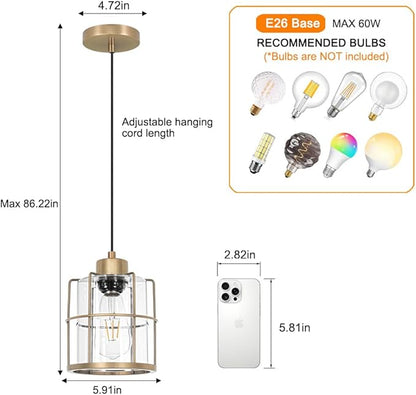 Brass Gold Pendant Light Fixture Set of 2, Modern Pendant Lights Kitchen Island over Sink, Cylinder Bathroom Light Fixture with Clear Glass, Farmhouse Hanging Light Fixture with Adjustable Cord