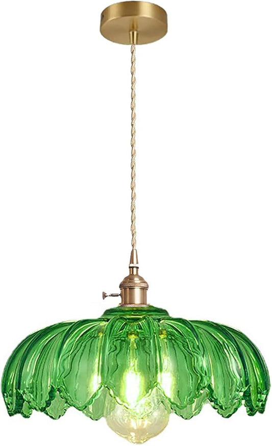 Grass Green Glass Pendant Light Fixtures Medium 9.8 Inches Lampshade Gold Brass Finish and Switch Vintage Pendant Ceiling Lamp Copper Pendant Lighting (Grass Green)