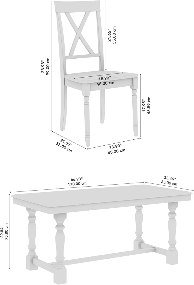 Bush Home Rectangular Dining Table Set for 6, with 67 inch Squire Trestle, Cross Back Dining Chairs, Farmhouse Decor, Sterling Collection, Light Brown and White