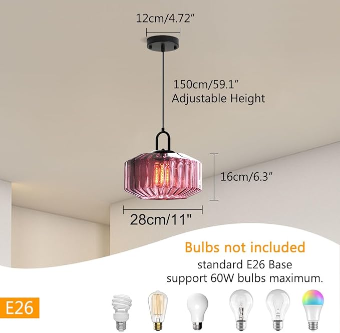 Mid Century Hanging Light Glass Ceiling Pendant Lights Kitchen Island Vintage Pendant Lighting Purple Glass Globe Shade Modern Pendant Light fixtures Black Finish Dining Room Bedroom
