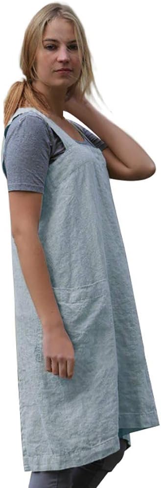 Larmliss Women's Pinafore Square Apron Baking Cooking Gardening Works Cross Back Cotton/Linen Blend Dress with 2 Pockets