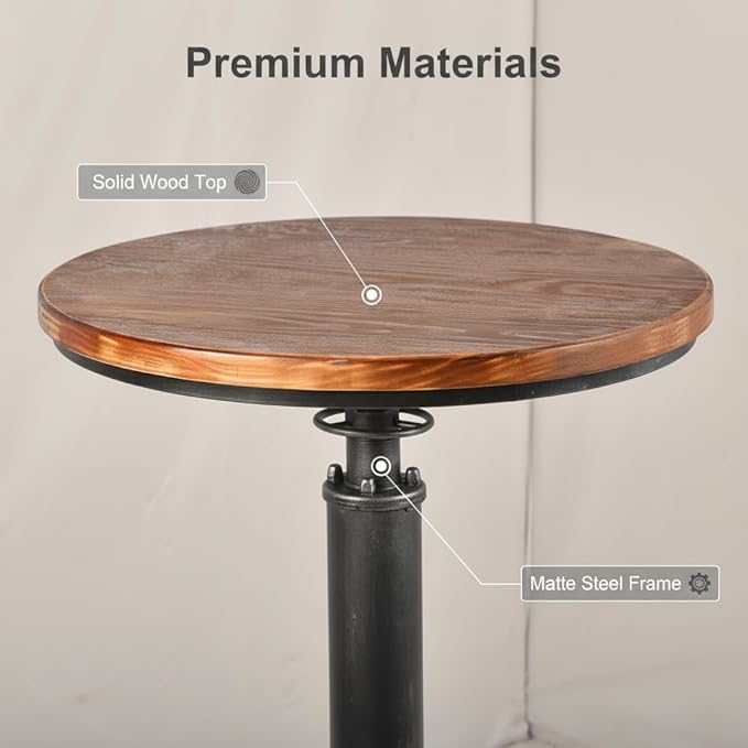 LOKKHAN Industrial Bar Table 38.6"-48.4" Height Adjustable Swivel Round Wood Tabletop 23.7" Dia, Kitchen Dining Office Coffee Bistro Pub Table