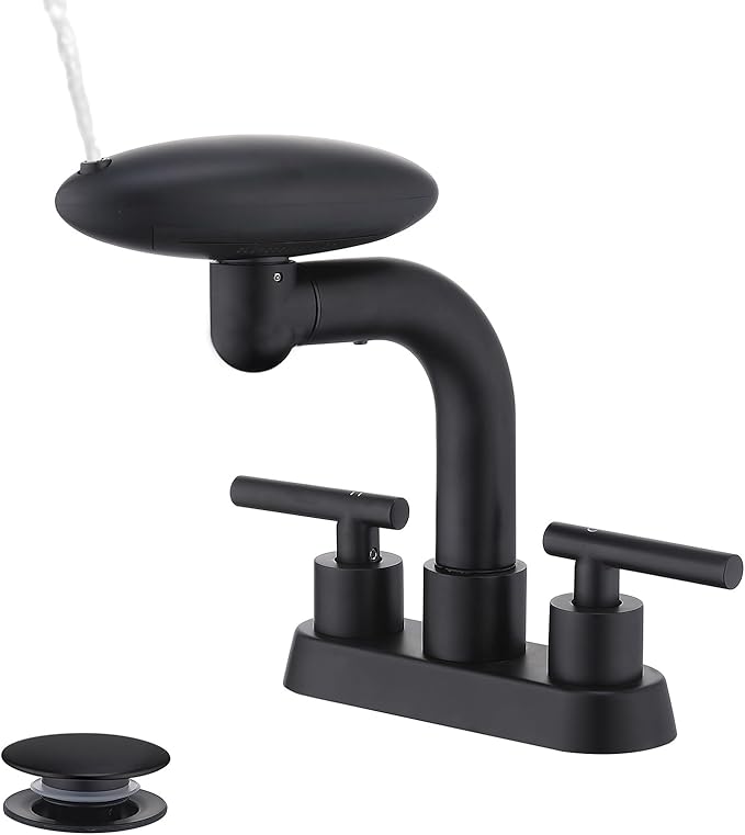 TUTEW Bathroom Sink Faucet 3 Hole Matte Black 4 Inch Centerset，4 Modes Waterfall Bathroom Faucet 2 Handle with 360° Swivel Spout & Pop Up Drain