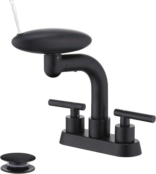 TUTEW Bathroom Sink Faucet 3 Hole Matte Black 4 Inch Centerset，4 Modes Waterfall Bathroom Faucet 2 Handle with 360° Swivel Spout & Pop Up Drain