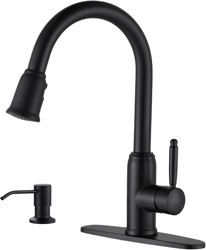 Black Kitchen Faucet with Soap Dispenser, WOWOW Stainless Steel Kitchen Faucet for Sink 2 or 4 Hole, High Arc Vintage Kitchen Sink Faucet with Pull Down Sprayer and Deck Plate