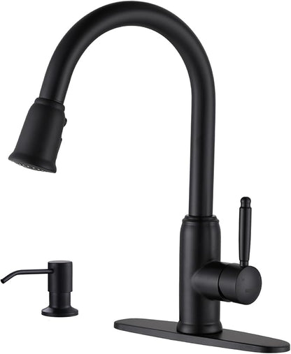 Black Kitchen Faucet with Soap Dispenser, WOWOW Stainless Steel Kitchen Faucet for Sink 2 or 4 Hole, High Arc Vintage Kitchen Sink Faucet with Pull Down Sprayer and Deck Plate