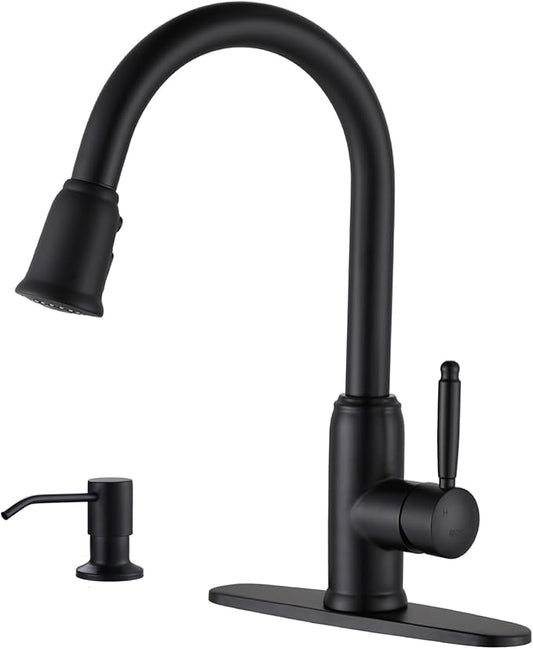 Black Kitchen Faucet with Soap Dispenser, WOWOW Stainless Steel Kitchen Faucet for Sink 2 or 4 Hole, High Arc Vintage Kitchen Sink Faucet with Pull Down Sprayer and Deck Plate